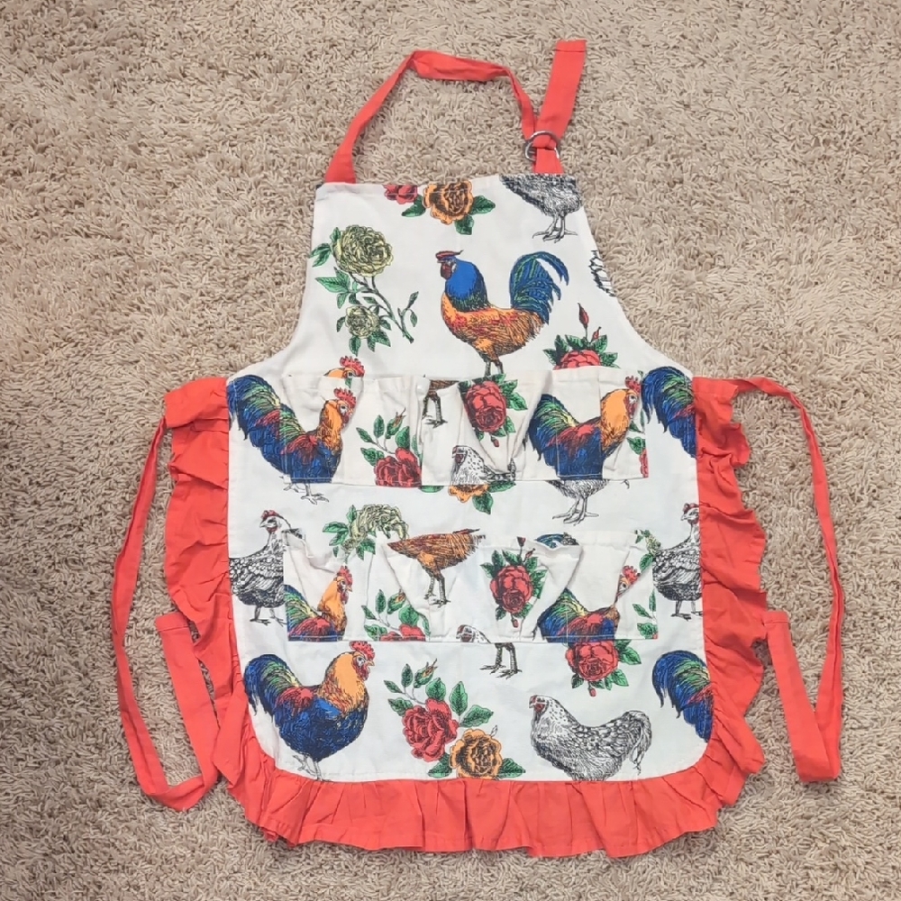 Colorful Rooster Print Apron with Ruffles